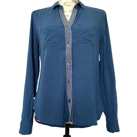 Rock & Republic Blue Roll Sleeve Button Front Shirt V-Neck Size XS - Picture 8 of 8